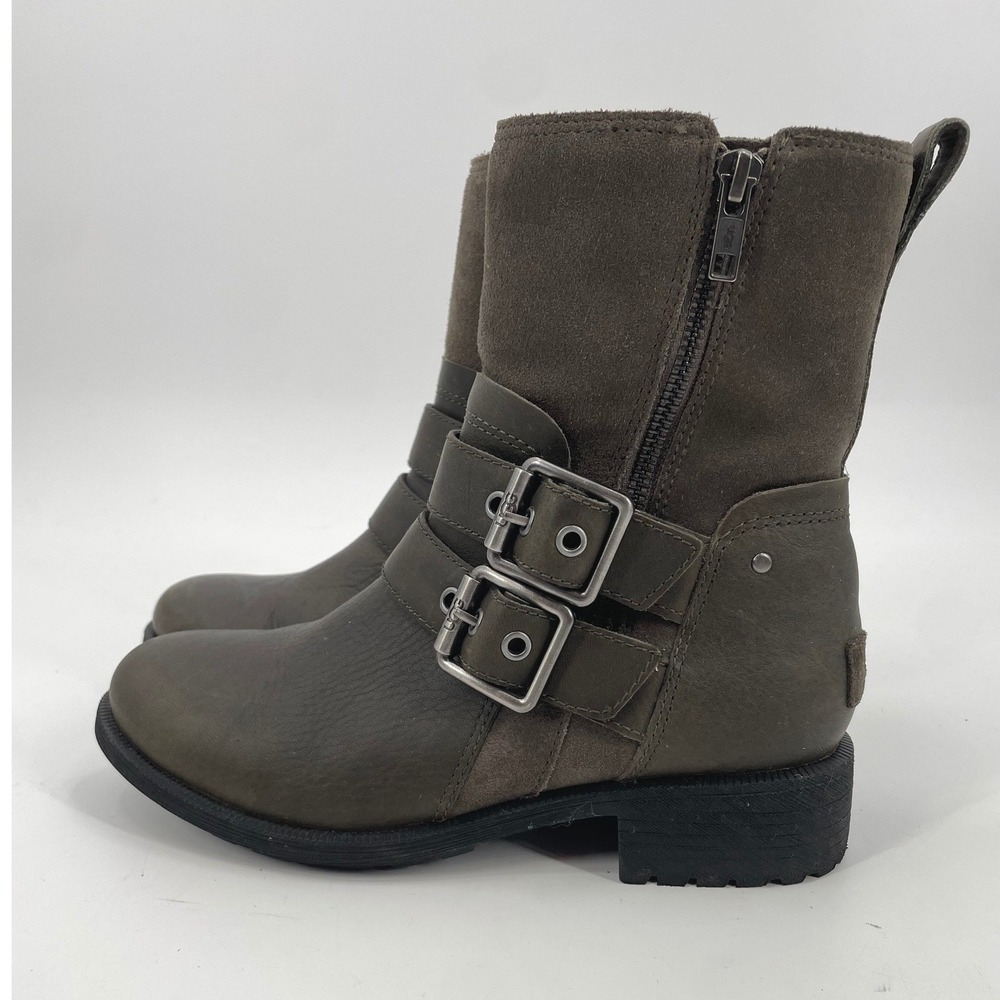 UGG Elora Moto Boots Womens 7 Green Leather Suede Buckle Mid Calf Lug 1103572